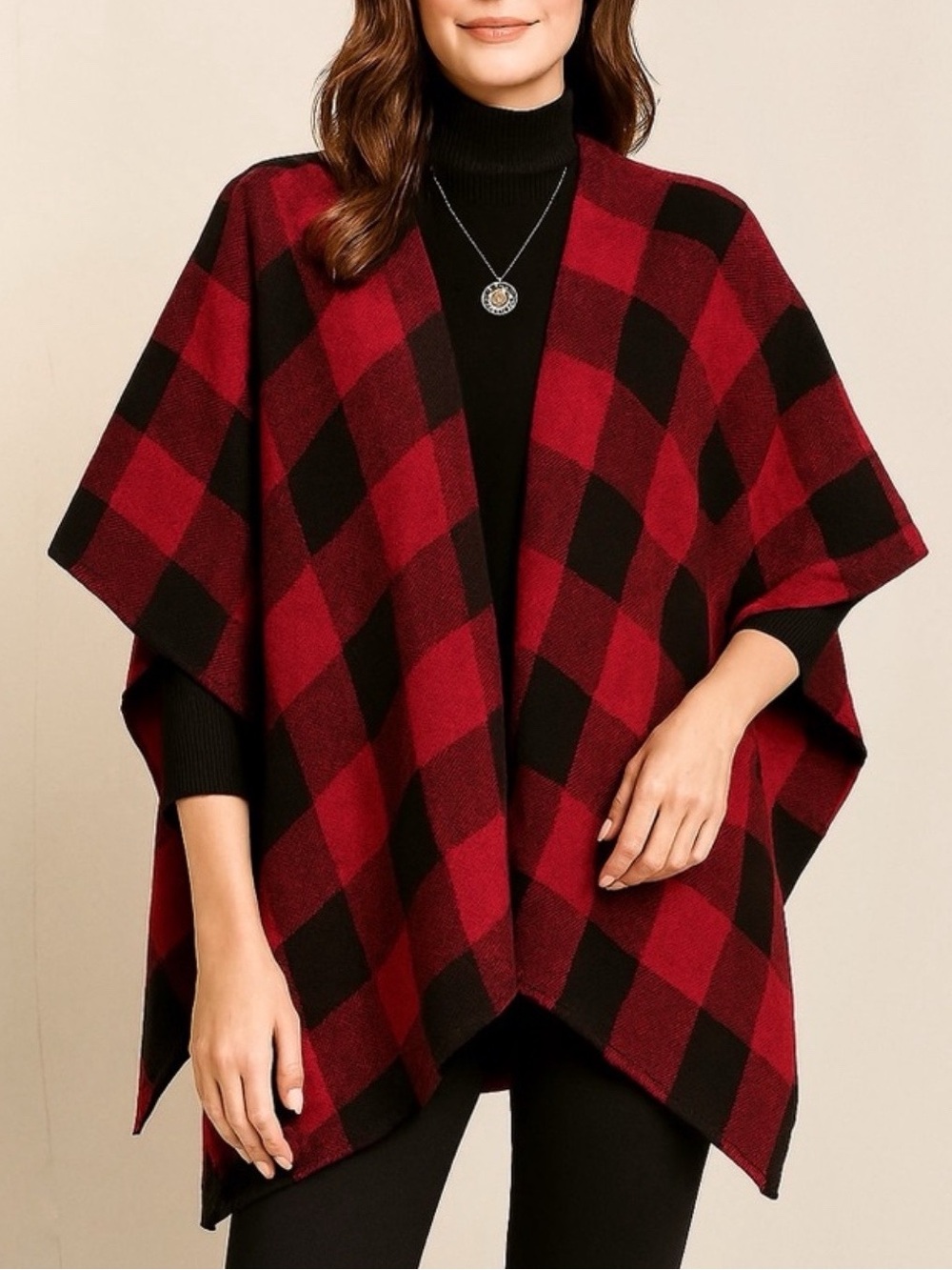 NWT Vince Camuto Fringed Red Buffalo Plaid Checks Poncho One Size
